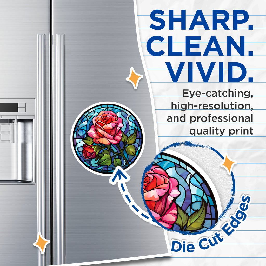 (2 Pack) Stained Glass Rose Magnets - Floral Kitchen Decor - Aesthetic Refrigerator Magnet - Botanical Artwork - 5 Inches On Longest Side - Thick Durable Magnet - Made in USA - MAG37715