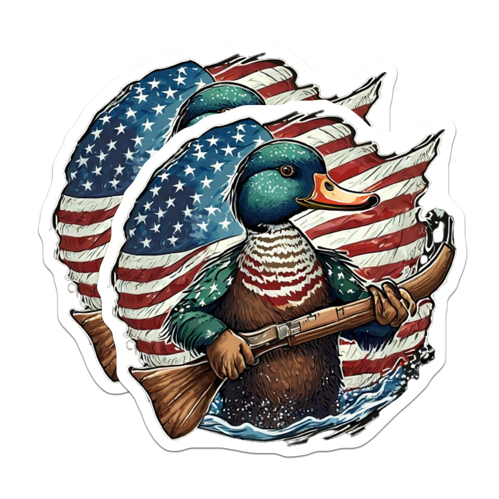 (2 Pack) Mallard Duck Hunter Stickers - American Flag Patriotism - Wildfowl Hunting Enthusiast Decal - 5" On Longest Side - Sticks to Smooth Flat Surfaces - Made in USA - BMCS21939