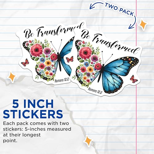 (2 Pack) Be Transformed Butterfly Flower Stickers - Inspirational Quote Stickers - Romans 12 2 Stickers - 5" On Longest Side - Sticks to Smooth Flat Surfaces - Made in USA - BMCS9633
