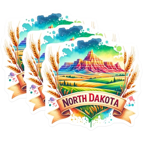 (3 Pack) North Dakota Decals - Watercolor Landscape - Plains State Stickers - 3 Inches On Longest Side - Easy Peel & Apply - Made in USA - 3MCS6034