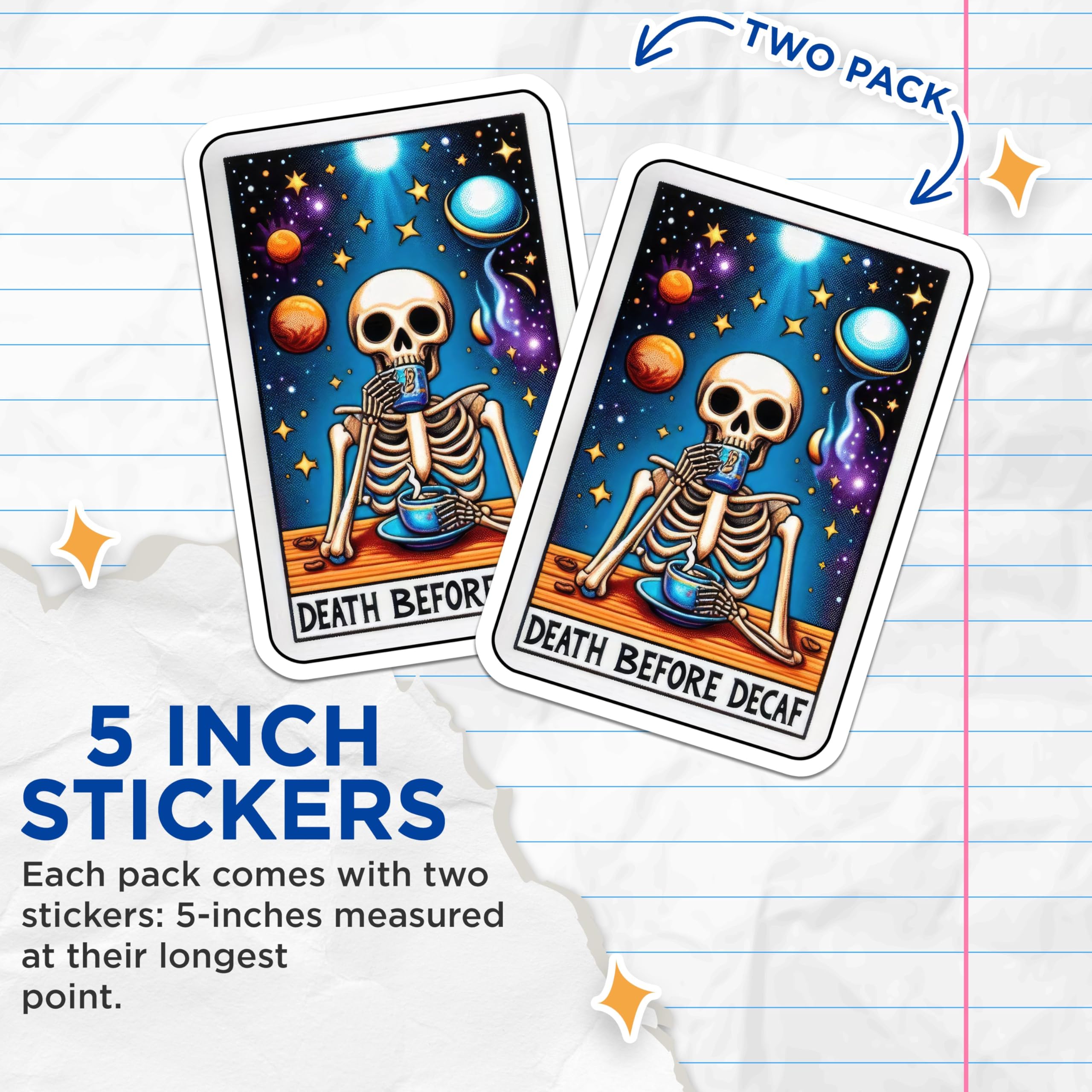 (2 Pack) Death Before Decaf Stickers - Skeleton Coffee Stickers - Cosmic Art Stickers - 5" On Longest Side - Sticks to Smooth Flat Surfaces - Made in USA - BMCS4823