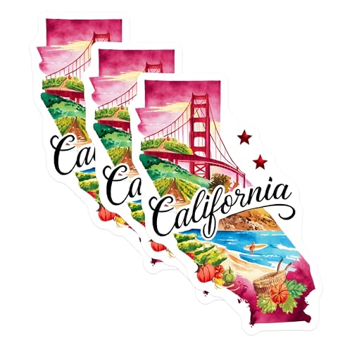 (3 Pack) California Decals - Golden Gate Bridge - Surfing Beach State Pride - Laptop Decals- 3 Inches On Longest Side - Easy Peel & Apply - Made in USA - 3MCS5071