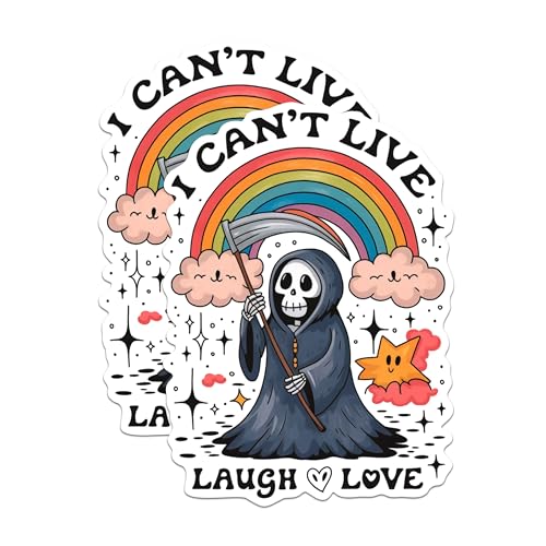 (2 Pack) Grim Reaper Rainbow Stickers - I Can't Live Laugh Love Stickers - Funny Skeleton Stickers - 5" On Longest Side - Sticks to Any Smooth Flat Surface - Made in USA - BMCS3014