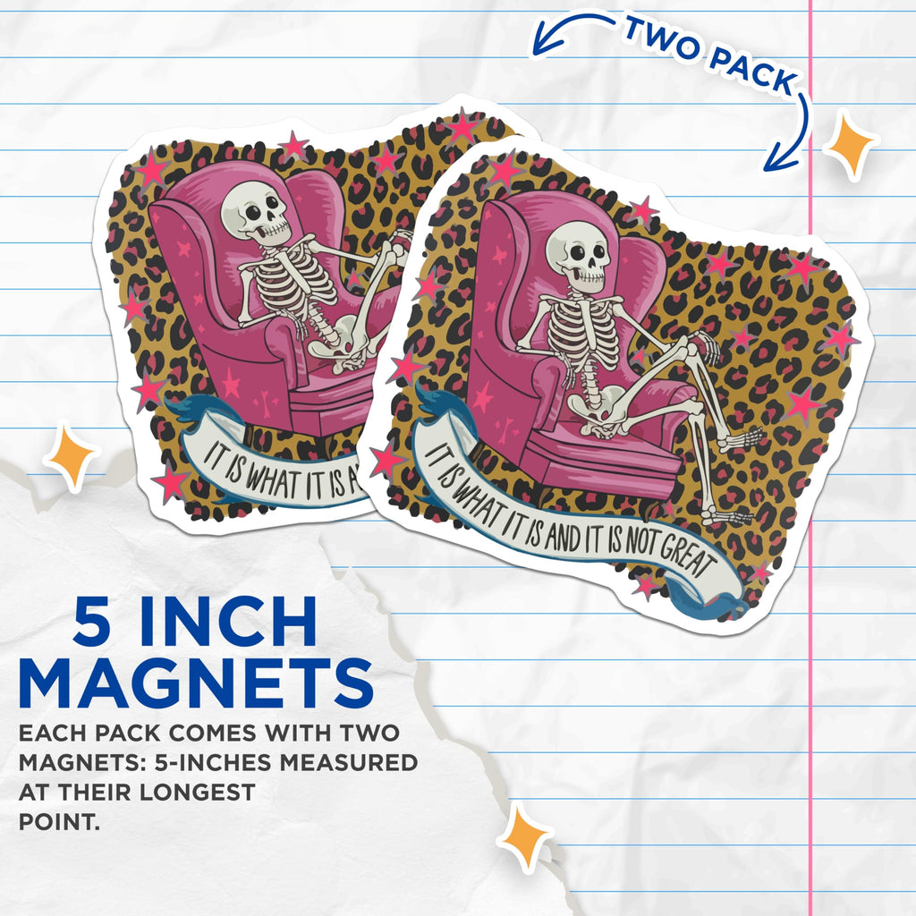 (2 Pack) Skeleton Magnets - Sarcastic Lounging Quote - Leopard Print Decor - 5 Inches On Longest Side - Thick Durable Magnet - Made in USA - MAG22799