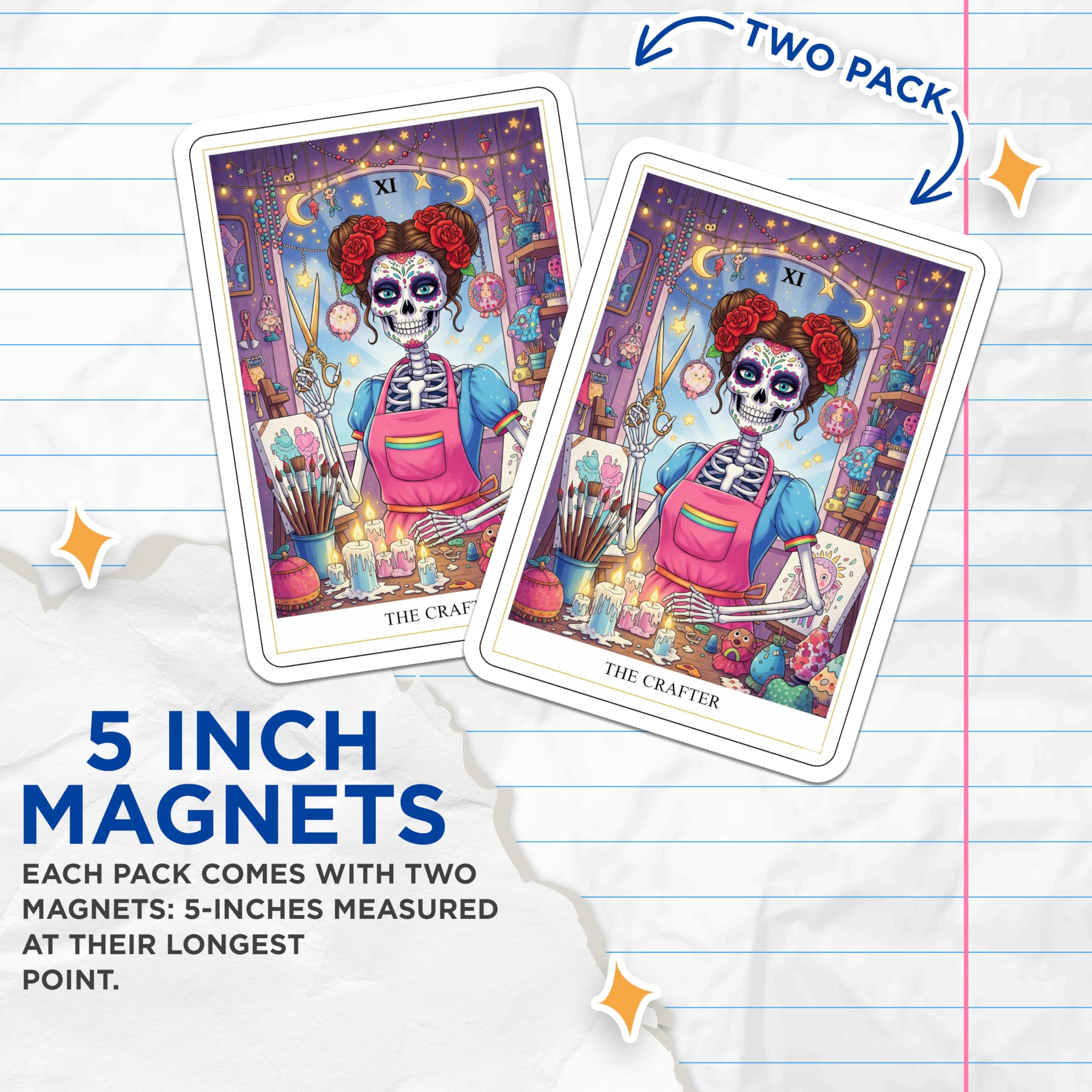 (2 Pack) The Crafter Magnets - Sugar Skull Decor - Tarot Card Illustration - 5" On Longest Side - Premium Magnet - for Cars, Refrigerators, Toolboxes, Lockers - Made in USA - MAG15542