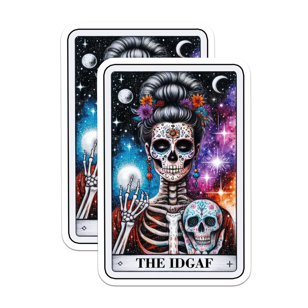 (2 Pack) IDGAF Skeleton Stickers - Halloween Sugar Skull Stickers - Gothic Art Stickers - 5" On Longest Side - Sticks to Smooth Flat Surfaces - Made in USA - BMCS5443