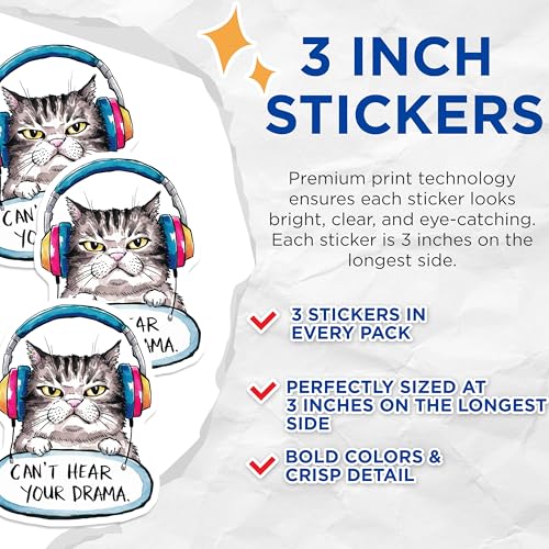 (3 Pack) Cat with Headphones Decals - Funny Cat Sticker - Anti Drama Decal - 3 Inches On Longest Side - Easy Peel & Apply - Made in USA - 3MCS7244
