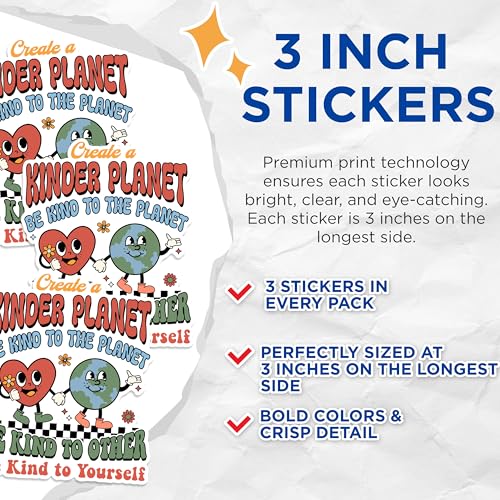 (3 Pack) Kinder Planet Decals - Be Kind Stickers - Positive Message Decals - 3 Inches On Longest Side - Easy Peel & Apply - Made in USA - 3MCS1776