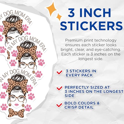 (3 Pack) Dog Mom Era Decals - Messy Bun - Leopard Print- 3 Inches On Longest Side - Easy Peel & Apply - Made in USA - 3MCS5955