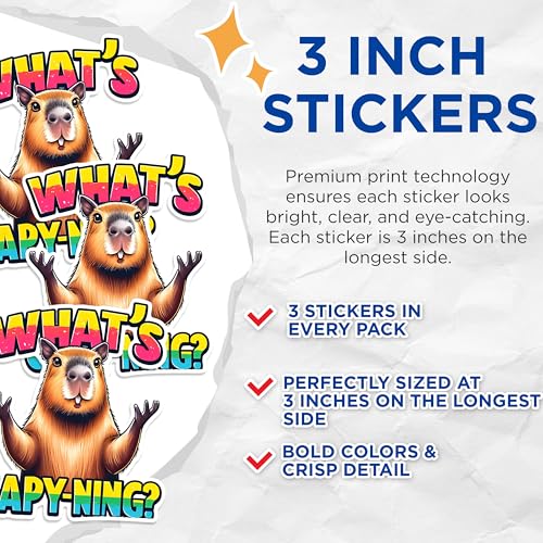 (3 Pack) Whats Capy-ning Decals - Capybara Meme Sticker - Funny Capybara Laptop Decal - 3 Inches On Longest Side - Easy Peel & Apply - Made in USA - 3MCS1494