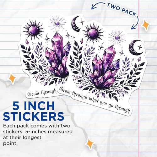 (2 Pack) Crystal Growth Stickers - Inspirational Quote - Mystical Plants - Moon and Sun Design - 5" On Longest Side - Sticks to Smooth Flat Surfaces - Made in USA - BMCS8060