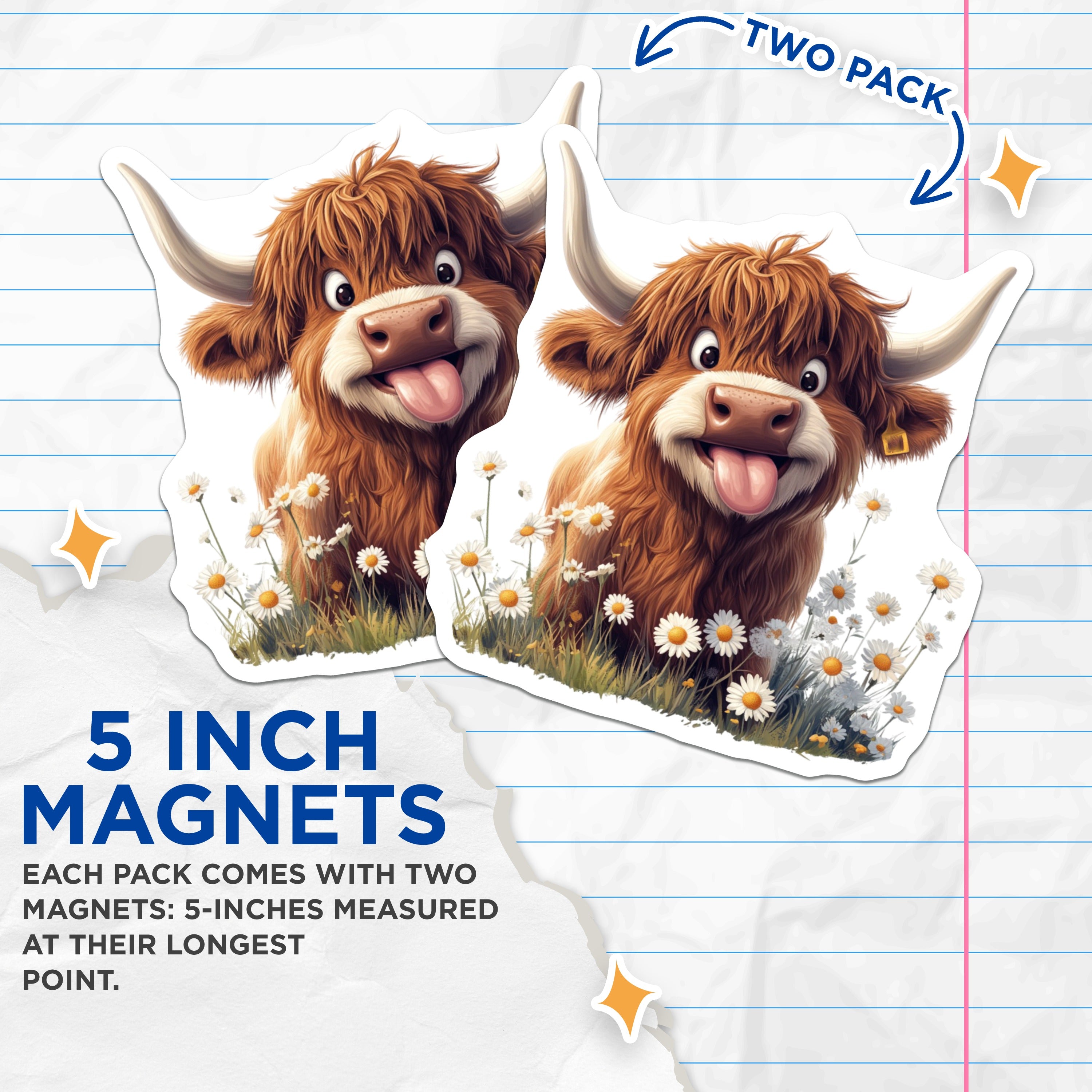 (2 Pack) Highland Cow Magnets - Adorable Shaggy Calf Art - Whimsical Daisy Meadow Decor - Farm Animal Refrigerator Accent - 5 Inches On Longest Side - Thick Durable Magnet - Made in USA - MAG36074