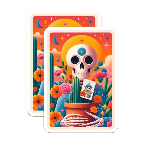 (2 Pack) Skull Artwork Stickers - Colorful Skeleton Art - Day of The Dead Illustration - 5" On Longest Side - Sticks to Smooth Flat Surfaces - Made in USA - BMCS9409