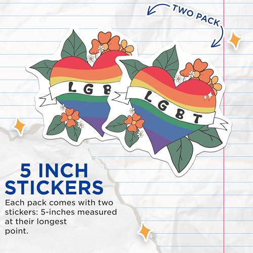 (2 Pack) LGBT Heart Stickers - Rainbow Pride Stickers - LGBTQ+ Floral Heart Stickers - 5" On Longest Side - Sticks to Smooth Flat Surfaces - Made in USA - BMCS7257