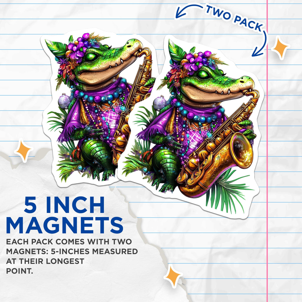 (2 Pack) Alligator Saxophone Magnets - Mardi Gras Gator - Musical Reptile Decor - 5" On Longest Side - Premium Magnet - for Cars, Refrigerators, Toolboxes, Lockers - Made in USA - MAG15182