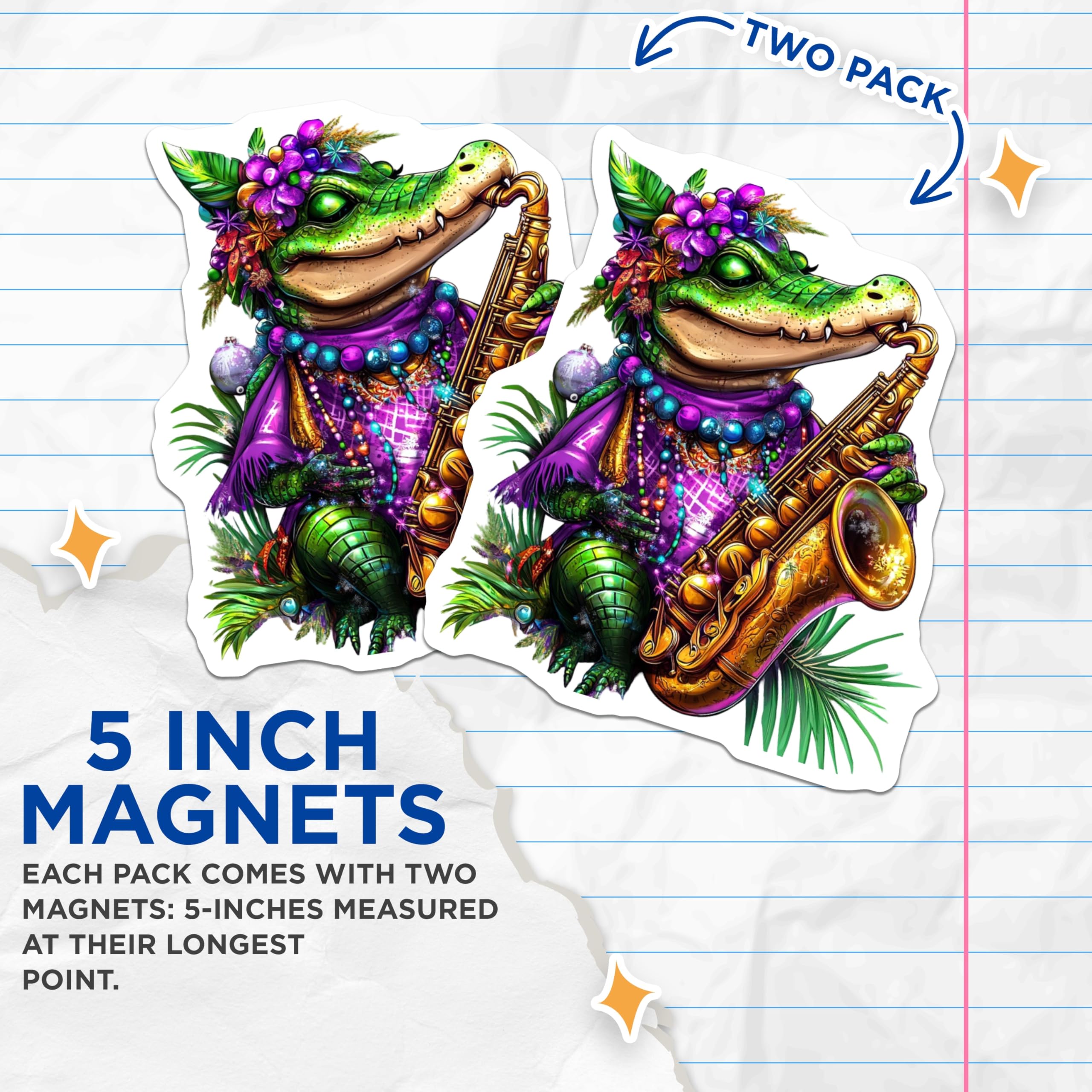 (2 Pack) Alligator Saxophone Magnets - Mardi Gras Gator - Musical Reptile Decor - 5" On Longest Side - Premium Magnet - for Cars, Refrigerators, Toolboxes, Lockers - Made in USA - MAG15182