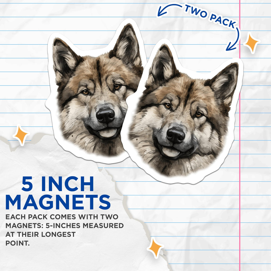 (2 Pack) Watercolor Wolf Husky Magnets - Animal Lover Fridge Decor - Nature Inspired Canine Art - 5 Inches On Longest Side - Thick Durable Magnet - Made in USA - MAG30320
