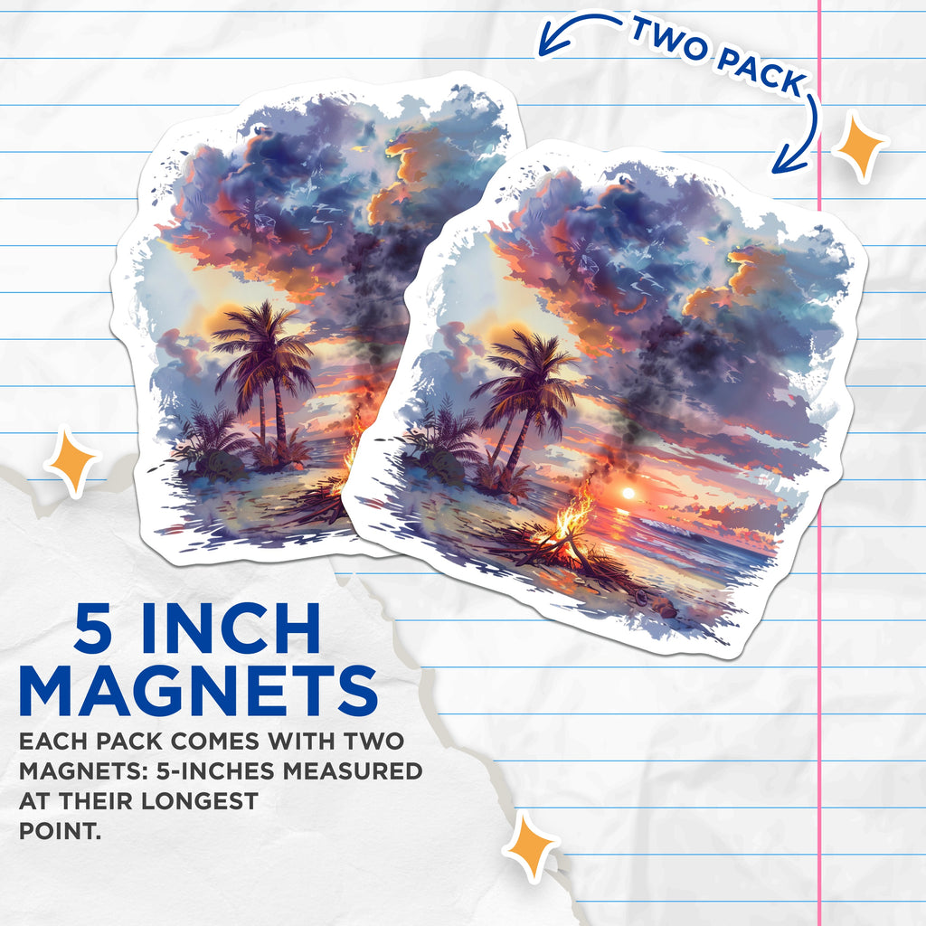 (2 Pack) Beach Bonfire Magnets - Sunset Tropical Beach - Coastal Ocean Scene Fridge - 5 Inches On Longest Side - Thick Durable Magnet - Made in USA - MAG39460