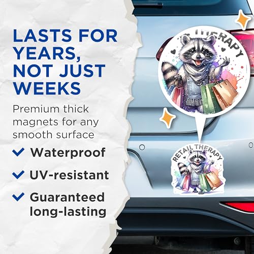 (2 Pack) Retail Therapy Magnets - Raccoon Design - Shopping Themed - Fun Refrigerator ation - 5" On Longest Side - for Cars, Fridges, Toolboxes - Made in USA - MAG4538