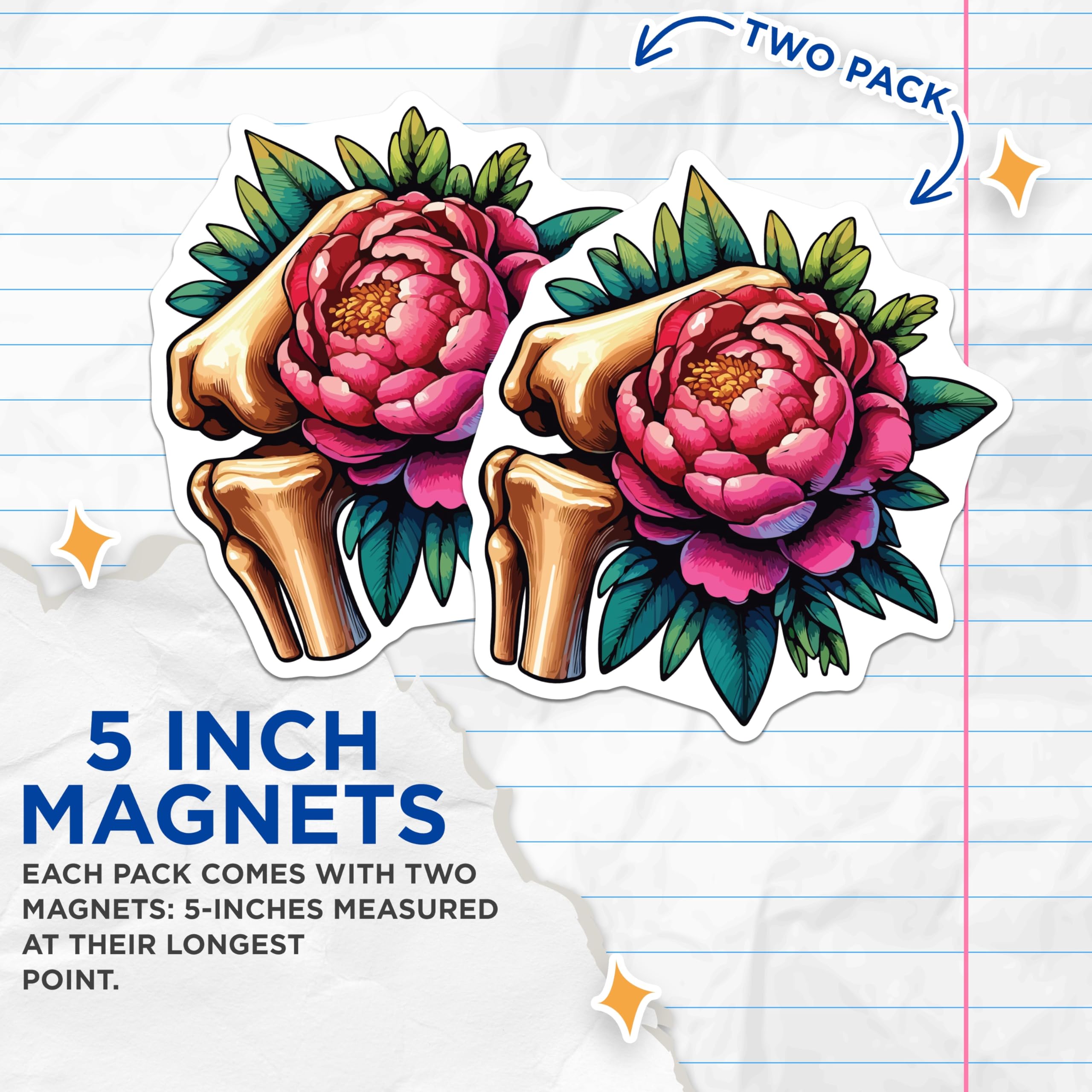 (2 Pack) Peony Flower Magnets - Skeletal Hand Art - Vibrant Floral Decor Magnets - 5 Inches On Longest Side - Thick Durable Magnet - Made in USA - MAG20139