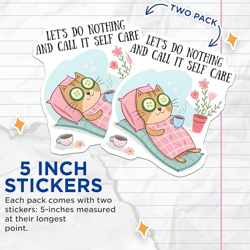 (2 Pack) Cat Self Care Stickers - Relaxation Stickers - Funny Cat Coffee Stickers - 5" On Longest Side - Sticks to Any Smooth Flat Surface - Made in USA - BMCS3315