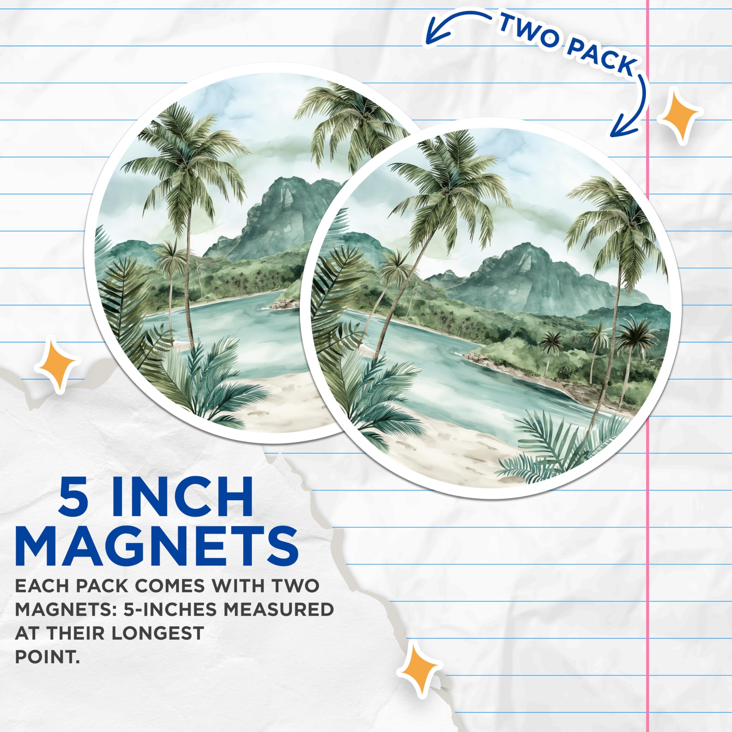 (2 Pack) Tropical Island Magnets - Paradise Beach Palm Tree - Mountain Lagoon Landscape - Coastal Serene Nature Aesthetic - 5 Inches On Longest Side - Thick Durable Magnet - Made in USA - MAG19865