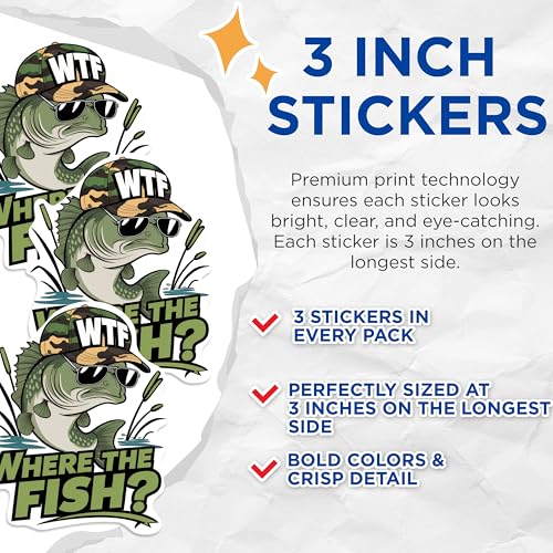(3 Pack) Funny Fishing Decals - Bass Fish WTF Hat - Where The Fish Decal - 3 Inches On Longest Side - Easy Peel & Apply - Made in USA - 3MCS0861
