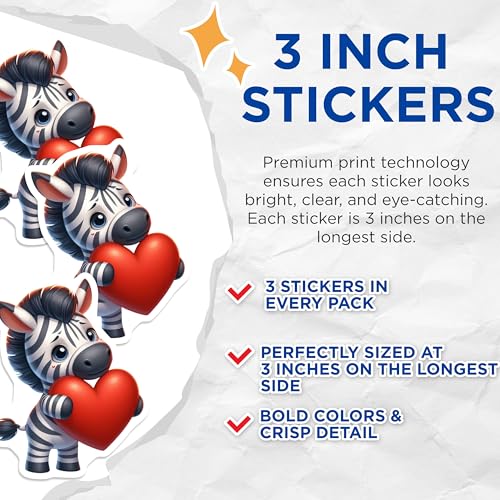 (3 Pack) Zebra Decals - Heart Zebra - Cute Animal Decals - 3 Inches On Longest Side - Easy Peel & Apply - Made in USA - 3MCS2419
