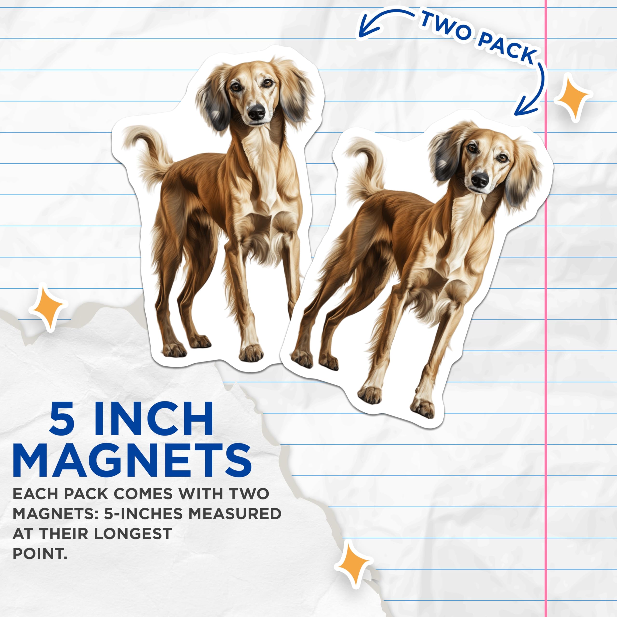 (2 Pack) Saluki Dog Magnets - Elegant Sighthound Art - Dog Lover Kitchen Decor - Pet Parent Refrigerator Accessory - 5 Inches On Longest Side - Thick Durable Magnet - Made in USA - MAG30382