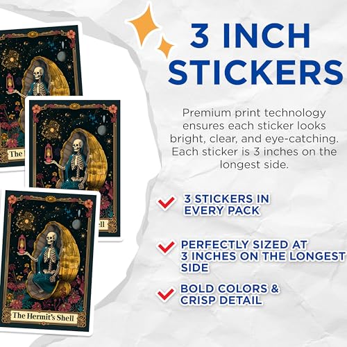 (3 Pack) Hermit Shell Decals - Tarot Card Sticker - Gothic Art Decals - 3 Inches On Longest Side - Easy Peel & Apply - Made in USA - 3MCS0008