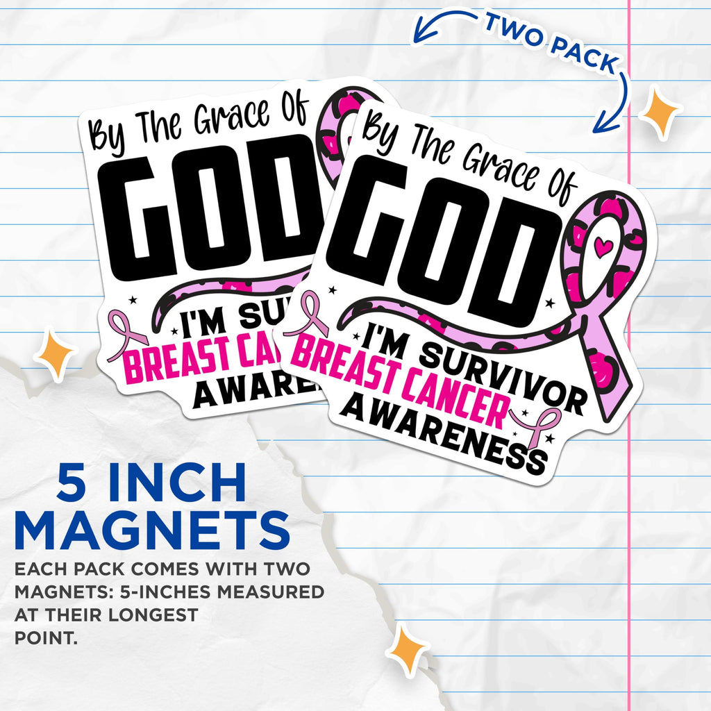 (2 Pack) Breast Cancer Survivor Magnets - Pink Ribbon Awareness Decor - Christian Faith Support for Fighters - 5 Inches On Longest Side - Thick Durable Magnet - Made in USA - MAG27454