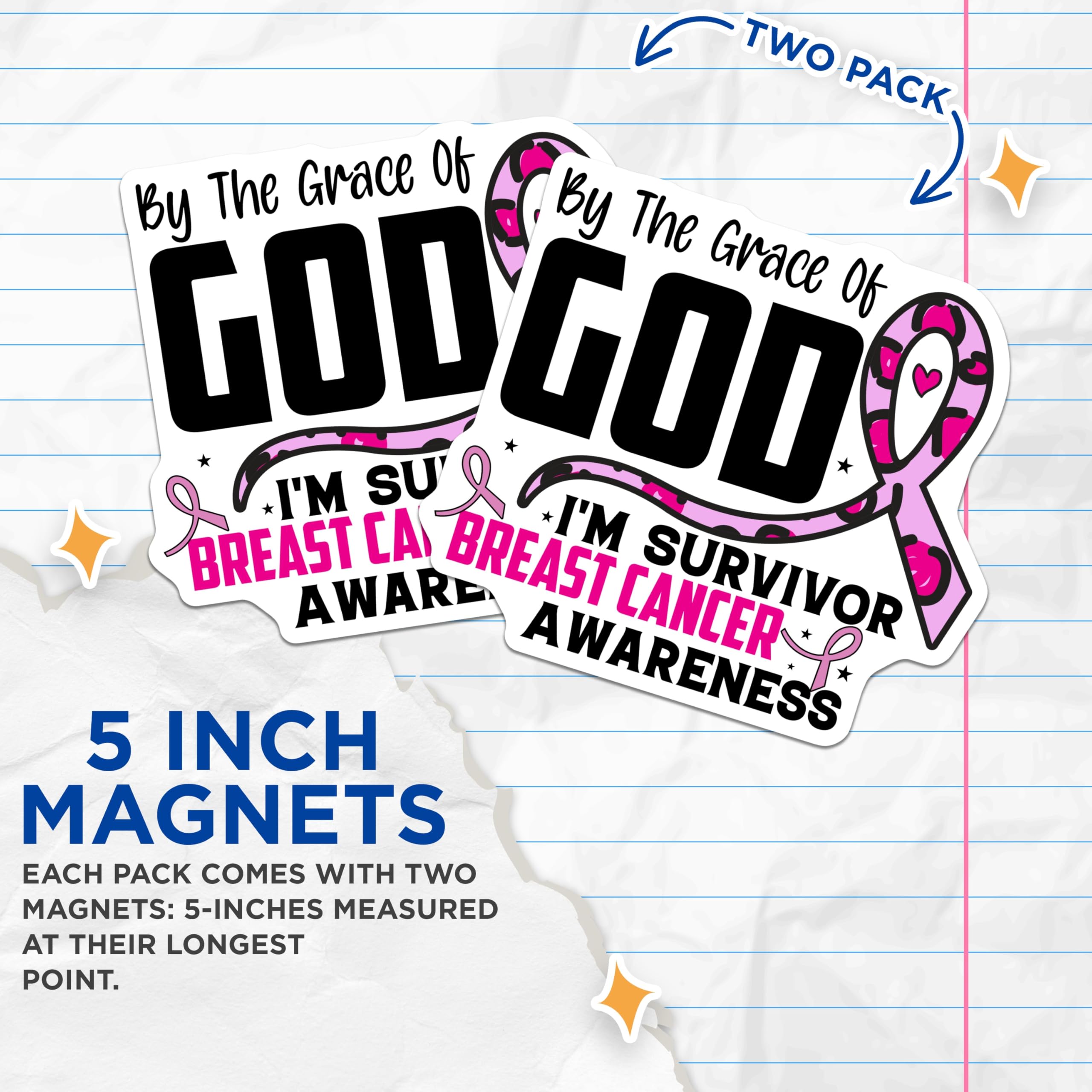 (2 Pack) Breast Cancer Survivor Magnets - Pink Ribbon Awareness Decor - Christian Faith Support for Fighters - 5 Inches On Longest Side - Thick Durable Magnet - Made in USA - MAG27454