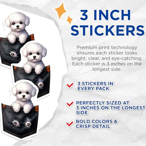 (3 Pack) Bichon Frise Decals - Dog Breed Sticker - Pocket Pet Car Laptop Decals - 3 Inches On Longest Side - Easy Peel & Apply - Made in USA - 3MCS2653