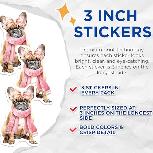 (3 Pack) French Bulldog Decals - Dog with Bow - Puppy in Scarf - 3 Inches On Longest Side - Easy Peel & Apply - Made in USA - 3MCS2248
