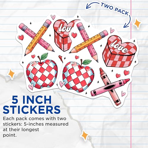 (2 Pack) Love Themed Stickers - Cute Heart Pencil Crayon Apple - Fun School Supplies - 5" On Longest Side - Sticks to Smooth Flat Surfaces - Made in USA - BMCS7650