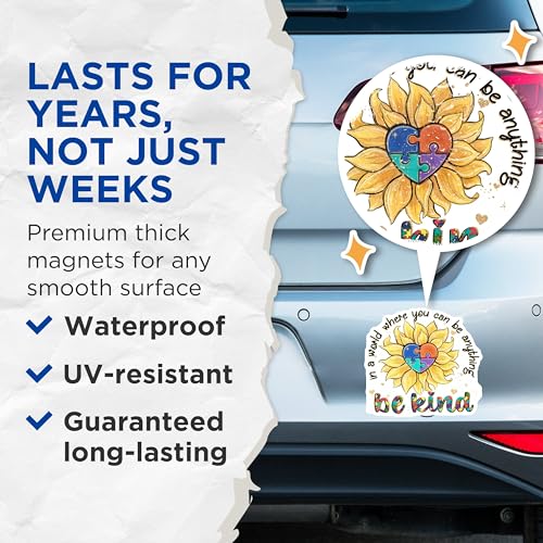 (2 Pack) Be Kind Magnets - Inspirational Sunflower - Autism Awareness - Motivational - Positive Message - 5" On Longest Side - for Cars, Fridges, Toolboxes - Made in USA - MAG4158