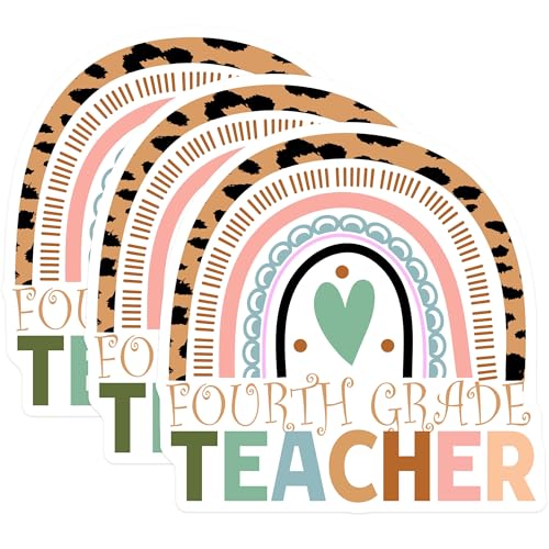 (3 Pack) Fourth Grade Teacher Decals - Leopard Rainbow Stickers - Educator Appreciation Decals - 3 Inches On Longest Side - Easy Peel & Apply - Made in USA - 3MCS7563