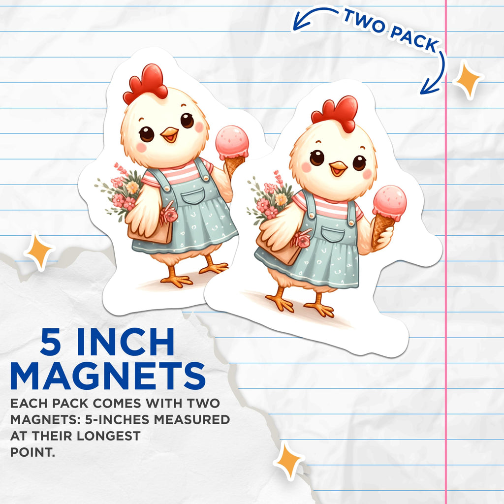 (2 Pack) Kawaii Chicken Magnets - Ice Cream Flowers Decor - Cute Farmhouse Kitchen Art - 5 Inches On Longest Side - Thick Durable Magnet - Made in USA - MAG23123