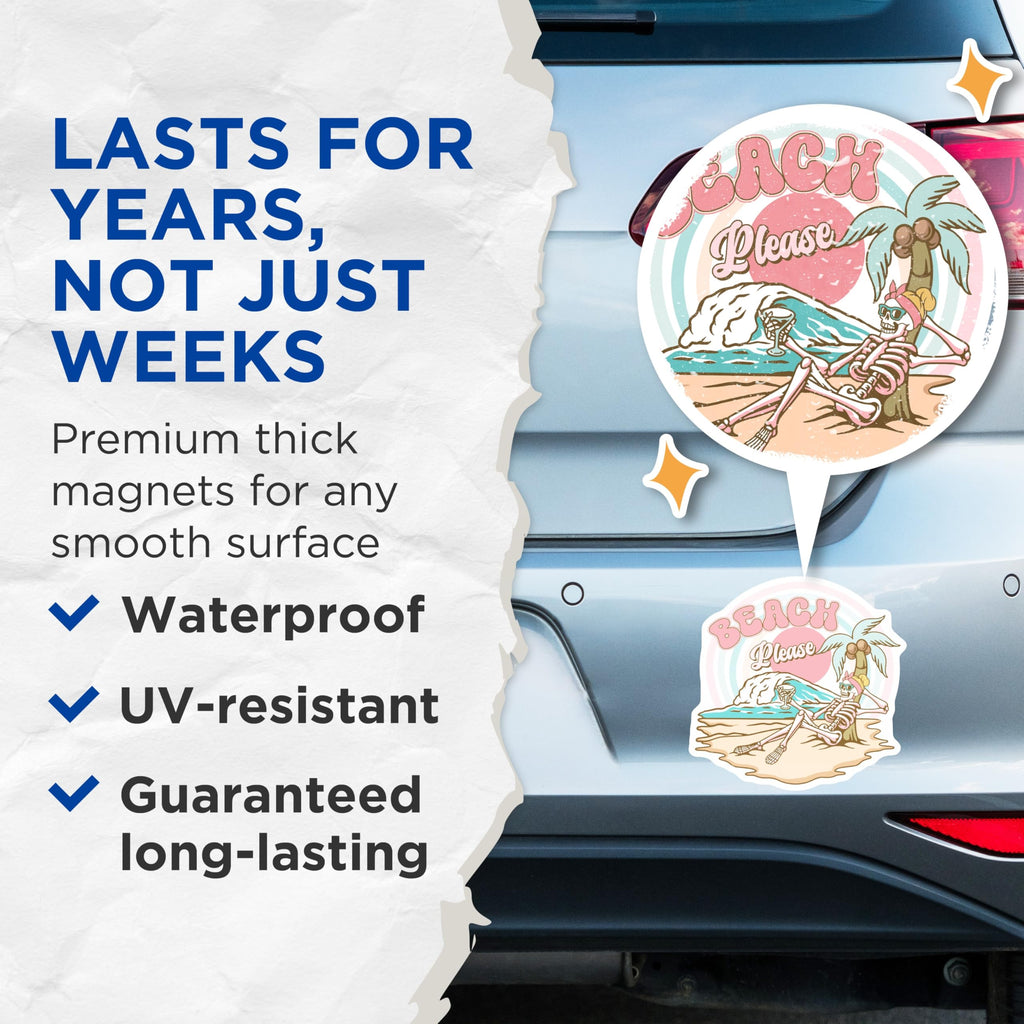(2 Pack) Beach Please Magnets - Skeleton On Beach- Summer Magnets - 5" On Longest Side - Premium Magnet - for Cars, Refrigerators, Toolboxes, Lockers - Made in USA - MAG17495
