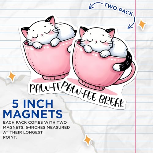 (2 Pack) Cute Cat Paw-Fee Break Magnets - Fun Kitchen Magnets - Adorable Coffee-Themed Magnets - 5" On Longest Side - for Cars, Refrigerators, Toolboxes, Lockers - Made in USA BMCS3299