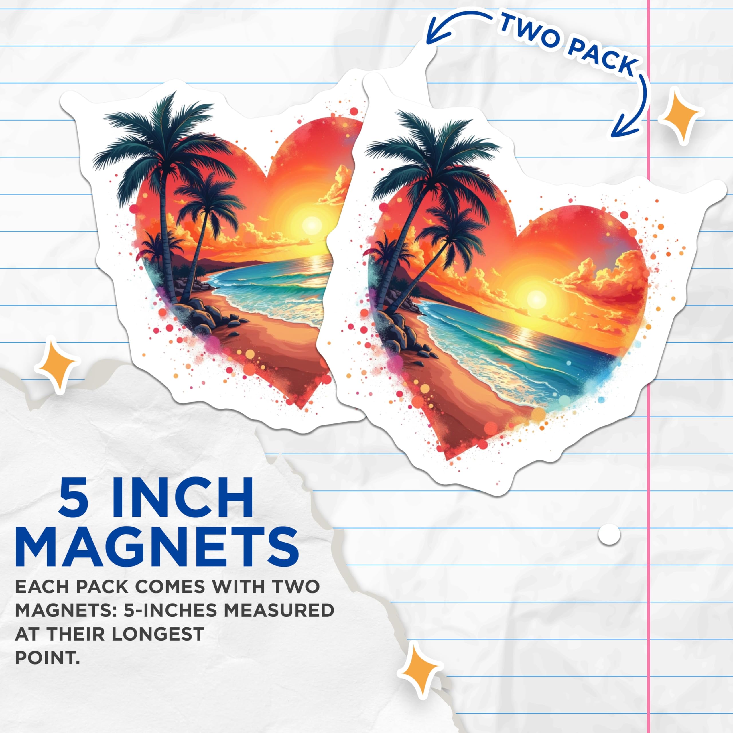 (2 Pack) Beach Sunset Magnets - Tropical Palm Tree Art - Ocean View Home Decor - Romantic Heart Design - 5 Inches On Longest Side - Thick Durable Magnet - Made in USA - MAG26060