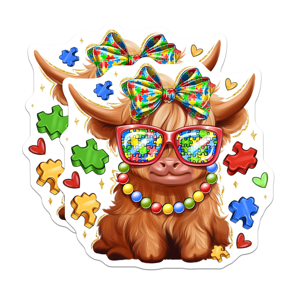 (2 Pack) Highland Cow Magnets - Autism Awareness Decor - Puzzle Piece Support Item - Cute Farm Animal Refrigerator Art - 5 Inches On Longest Side - Thick Durable Magnet - Made in USA - MAG24057