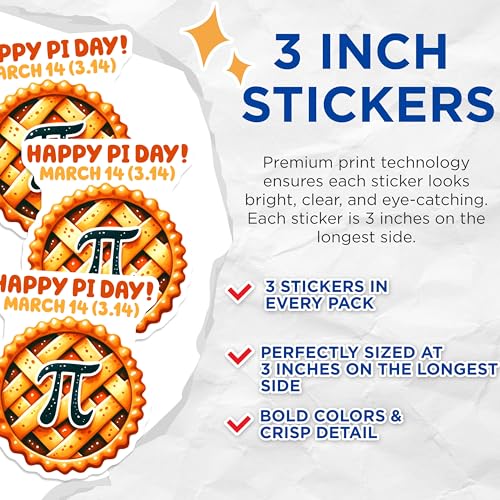 (3 Pack) Happy Pi Day Decals - March 14 Decals - Pie Decals - 3 Inches On Longest Side - Easy Peel & Apply - Made in USA - 3MCS6933