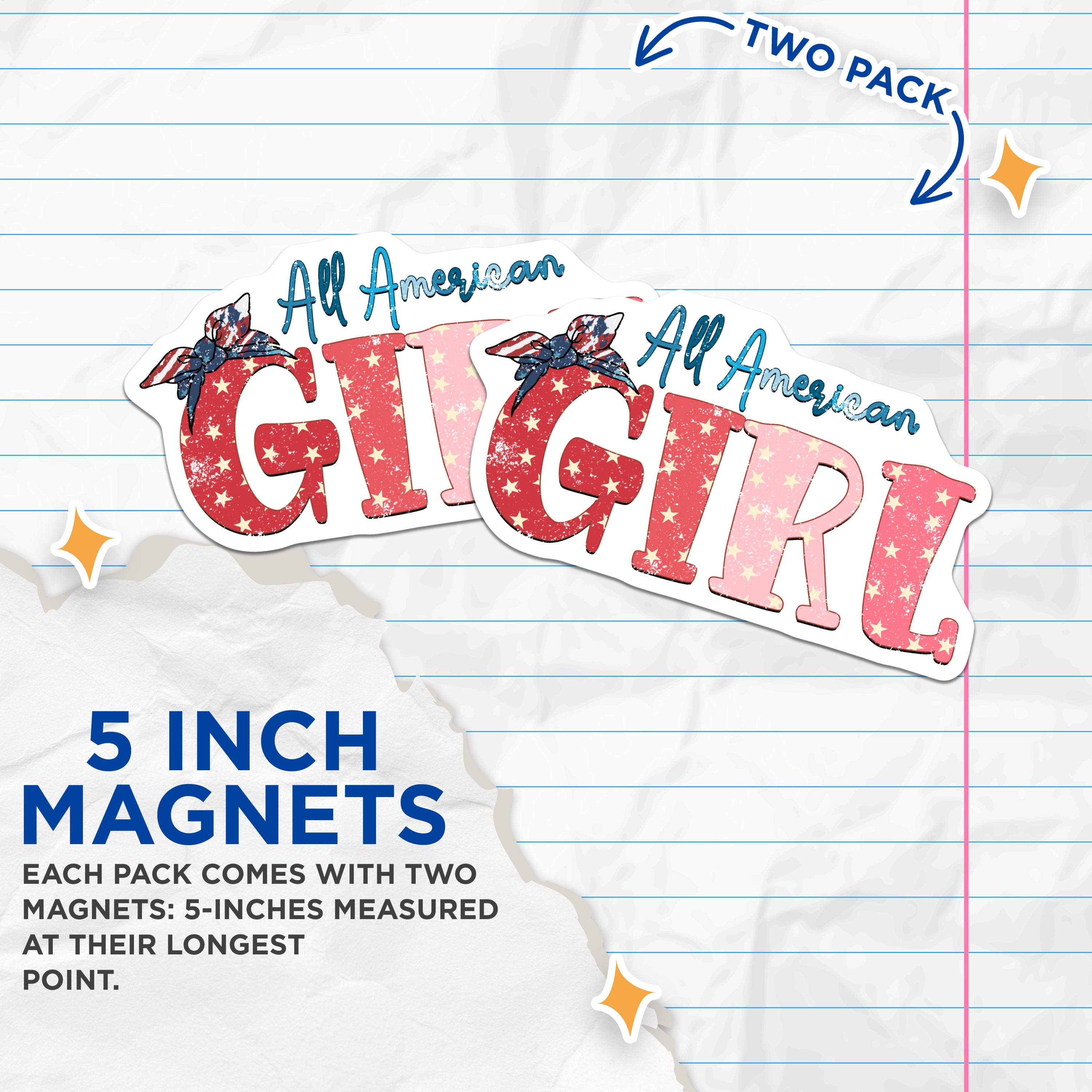 (2 Pack) All American Girl Magnets - Patriotic Summer Decor - Fourth of July Fridge Locker Decor - 5 Inches On Longest Side - Thick Durable Magnet - Made in USA - MAG38340