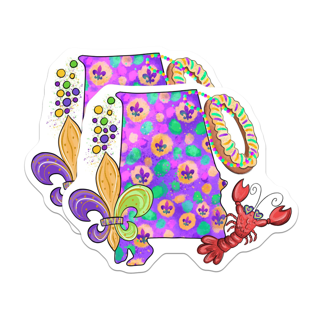 (2 Pack) Alabama Mardi Gras Stickers - Fleur de Lis Stickers - Louisiana Crawfish Stickers - 5" On Longest Side - Sticks to Smooth Flat Surfaces - Made in USA - BMCS3795