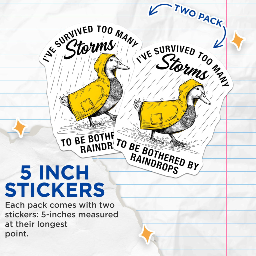 (2 Pack) Duck in Raincoat Stickers - I've Survived Too Many Storms - Weather Resistant Decals - 5" On Longest Side - Sticks to Smooth Flat Surfaces - Made in USA - BMCS15199