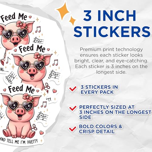 (3 Pack) Cute Pig Decals - Heart Glasses - Feed Me Pretty Pig - 3 Inches On Longest Side - Easy Peel & Apply - Made in USA - 3MCS0228