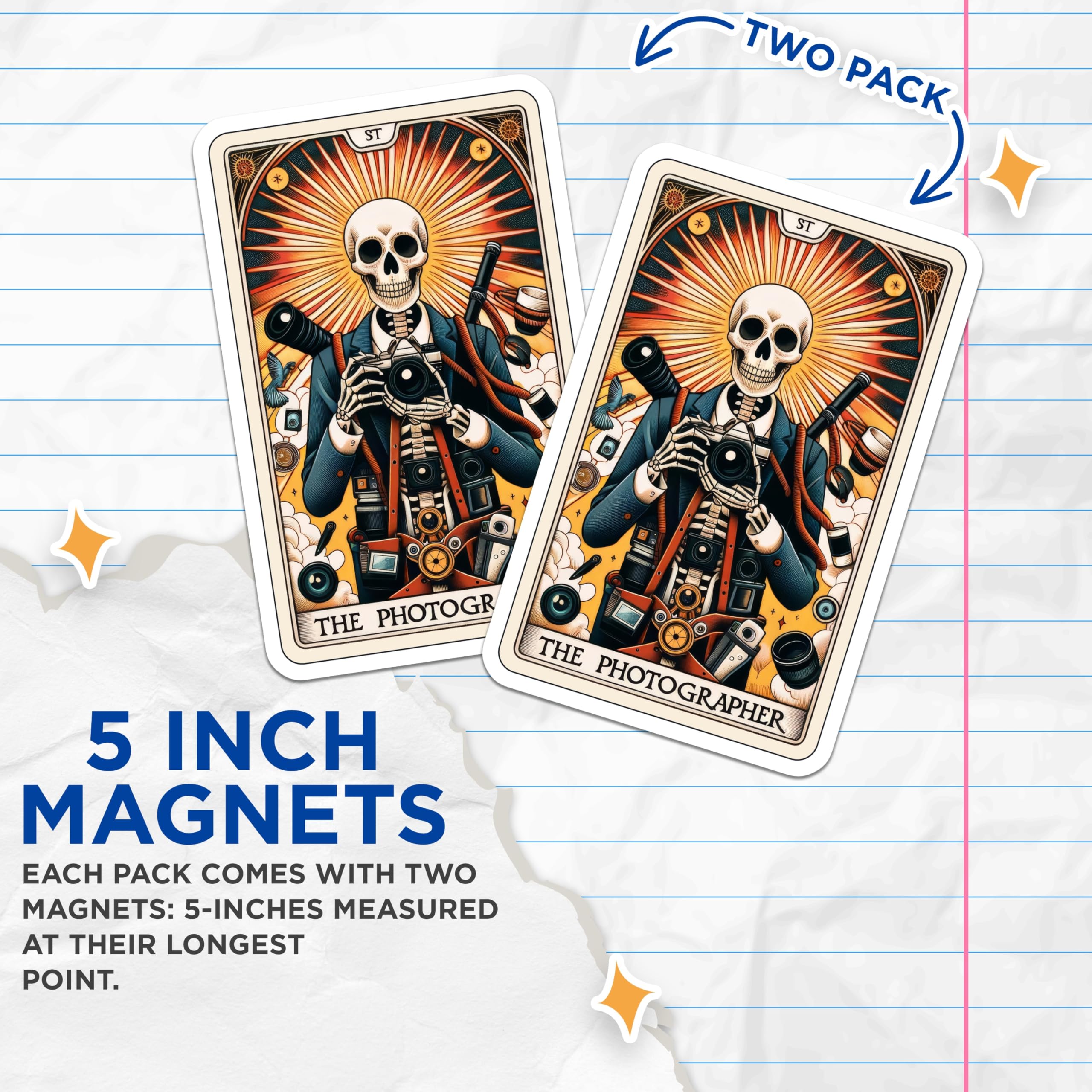 (2 Pack) Skeleton Photographer Magnets - Unique Tarot Card Style Photography Art - Creative Camera Lover Fridge Decor - 5 Inches On Longest Side - Thick Durable Magnet - Made in USA - MAG20500