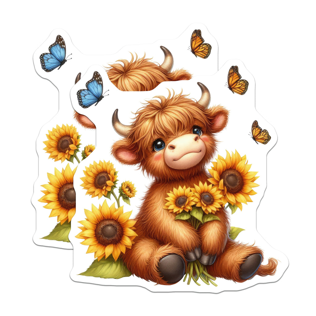 (2 Pack) Adorable Highland Cow Magnets - Sunflower Butterfly Art - Rustic Farmhouse Kitchen Decor - 5 Inches On Longest Side - Thick Durable Magnet - Made in USA - MAG36707