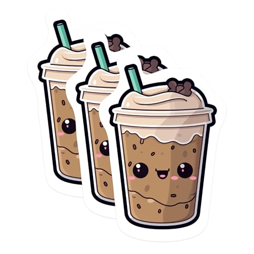 (3 Pack) Cute Coffee Drink Decals - Kawaii Coffee Cup - Anime Laptop Decals - 3 Inches On Longest Side - Easy Peel & Apply - Made in USA - 3MCS1045
